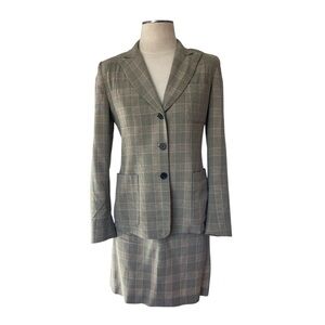 Donna Karan NY tartan tan/grey plaid vintage skirt suit set with button closure